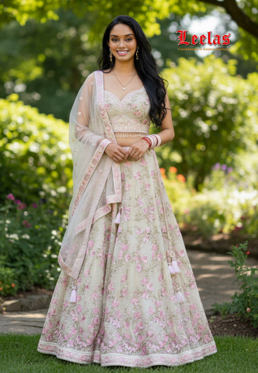 Grey, lilac and purple floral lengha with embroidery and sequin work