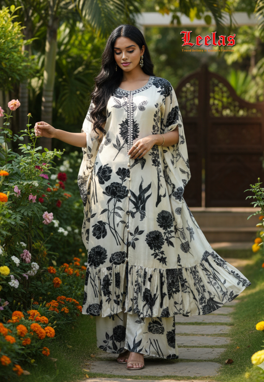 Cream and black floral crepe silk Indo Western long jacket with matching pallazzo pants