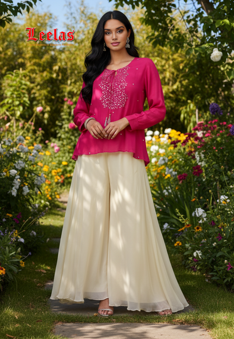 Kaftan style crepe silk Indo western outfit with cerise pink top with mirror and embroidery and cream pallazzo pants