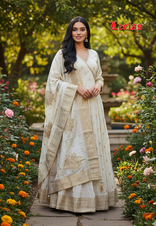 Cream and gold embossed silk long sleeve dress with matching brocade cream