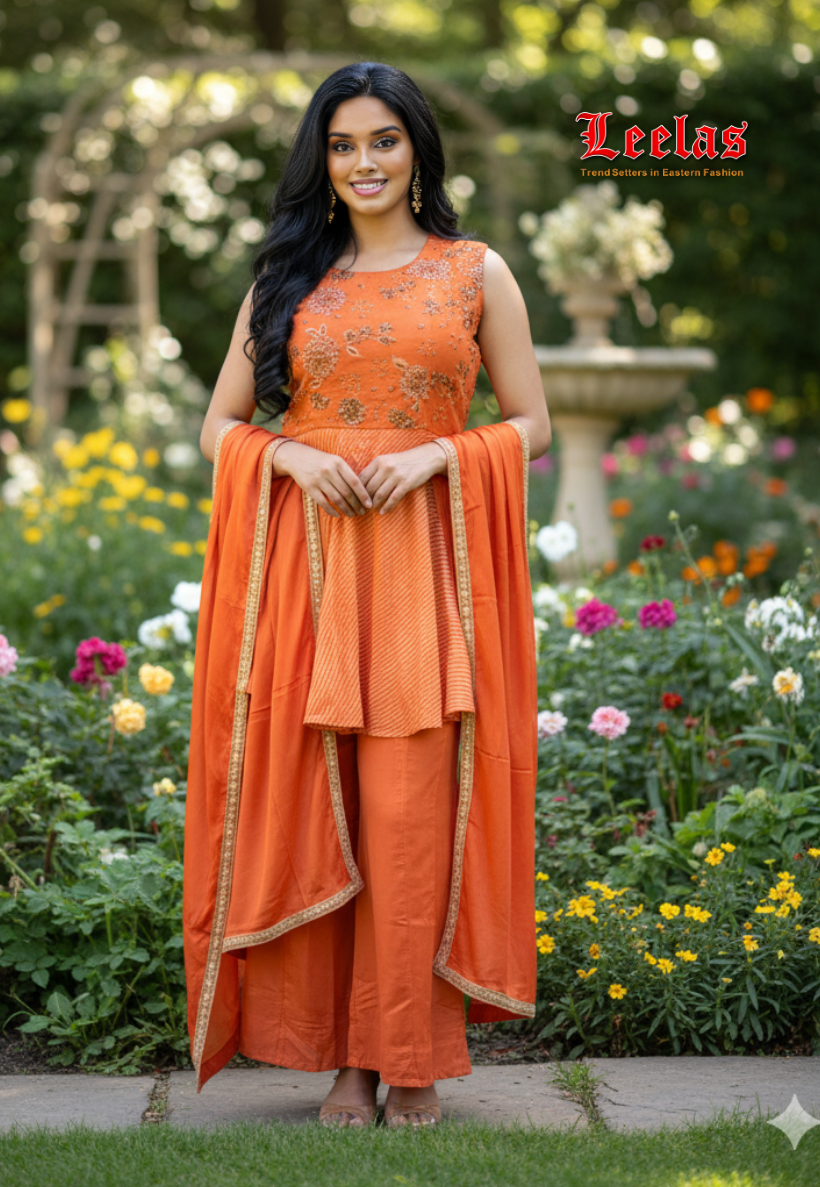 Orange and peach cotton silk, baby doll style salwar kameez with orange pants