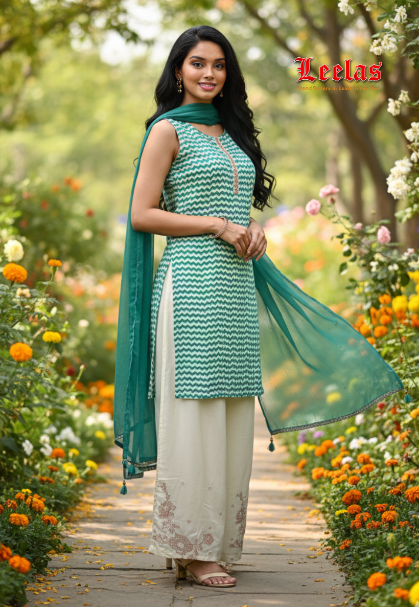 Turqoise and white cotton silk salwar kameez with embroidery detail on neckline and pants