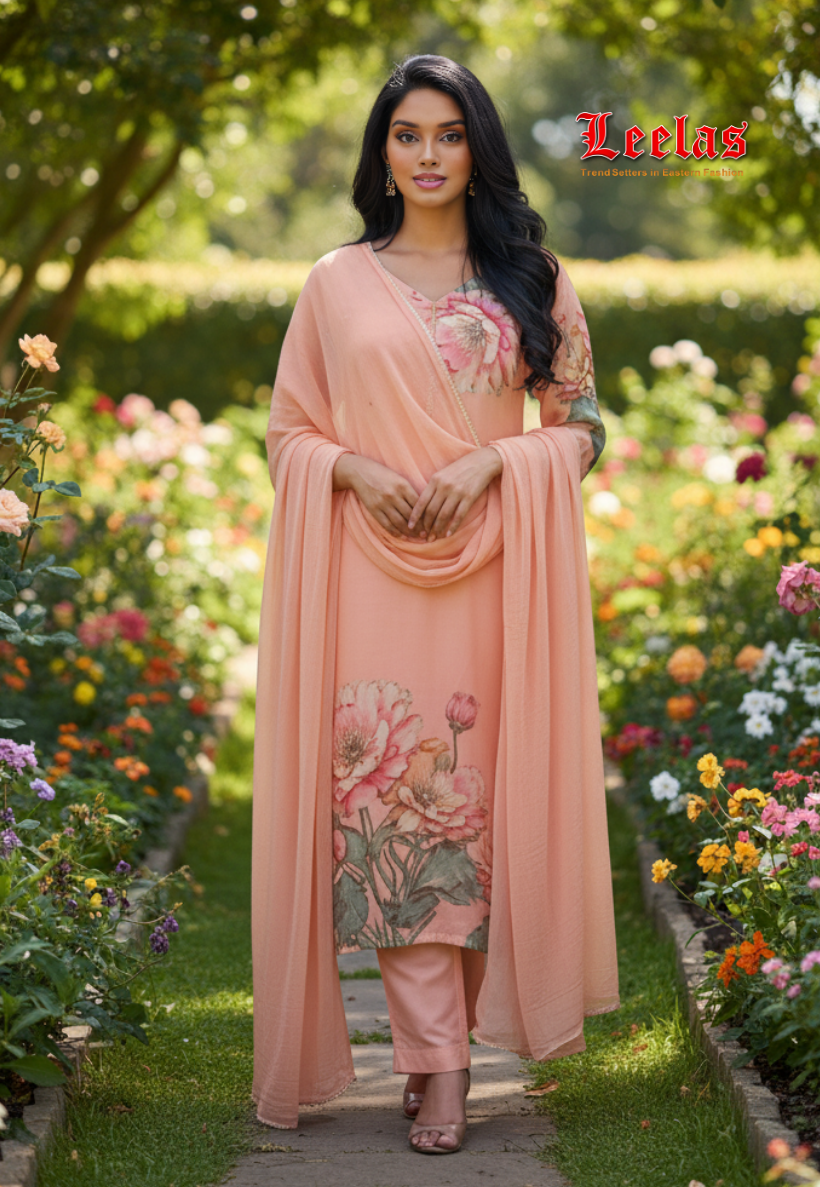 Silk peach floral salwar kameez with ebroidery and mirror work