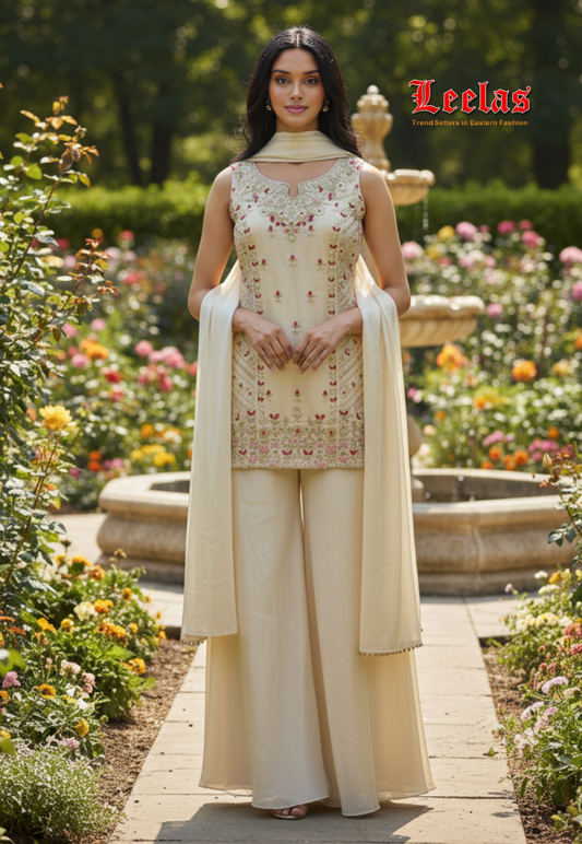 Cream and gold silk salwar kameez with mirror, embroidery, sequin and bead and stone work.