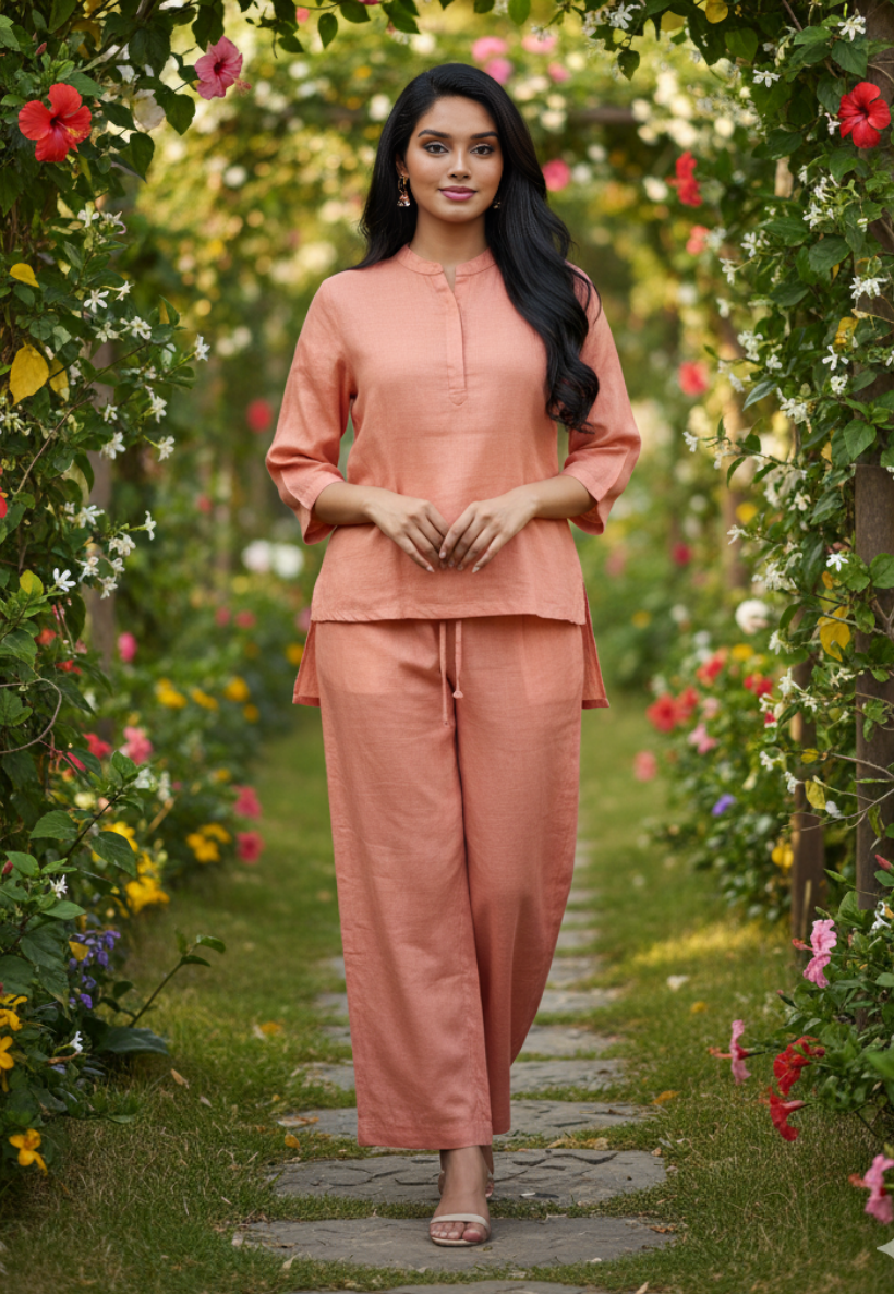 Coral linen Chinese with embroidery detail collar top and matching pants