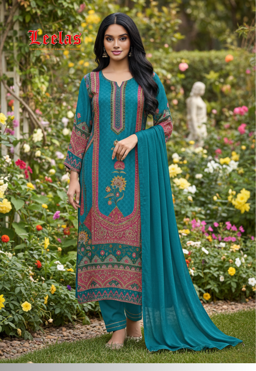 Turquoise and cerise pink silk salwar kameez with mirror and sequins