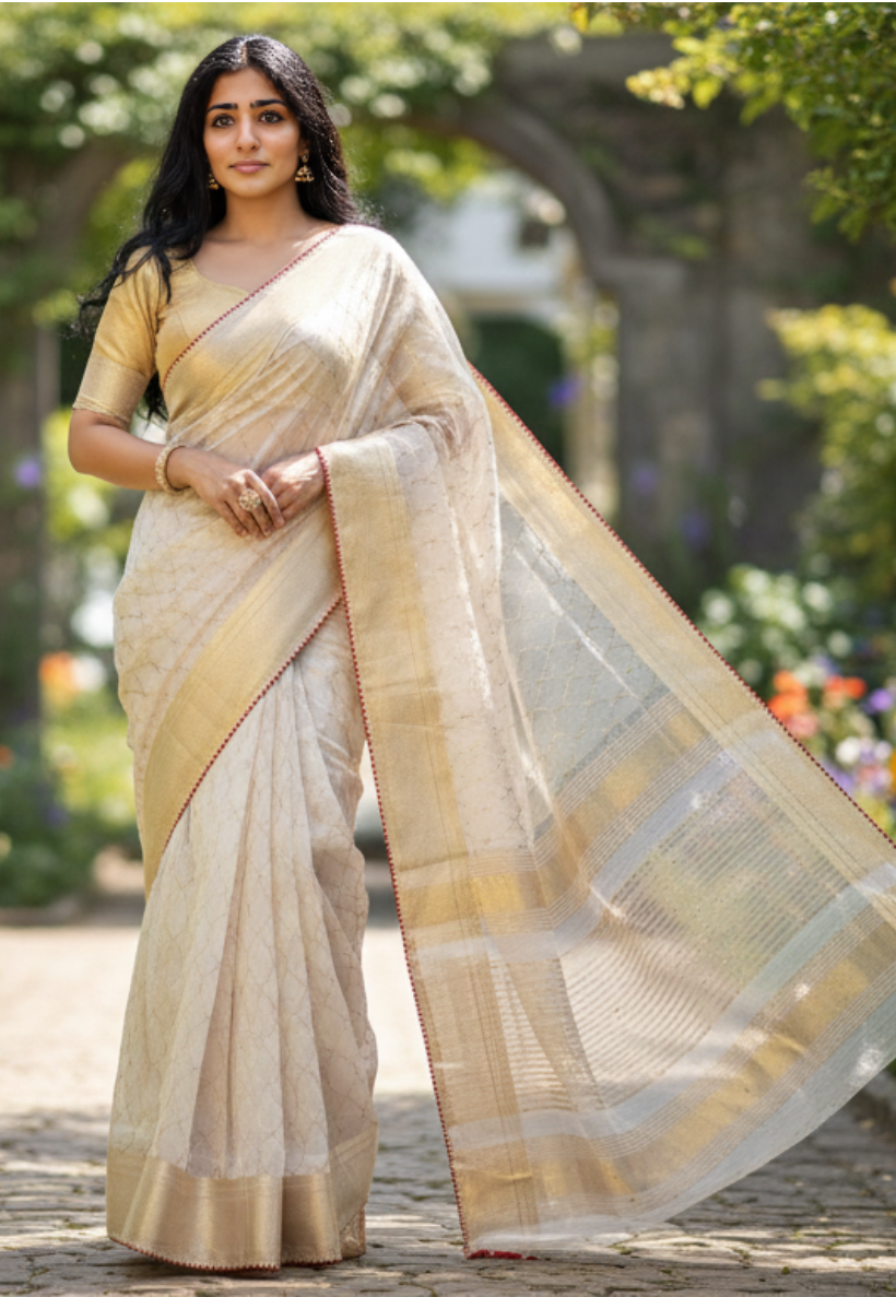Cream gold cotton silk saree with zari work