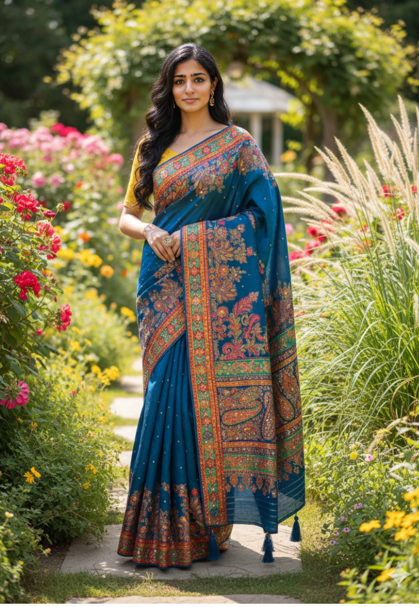 Deep blue Art Silk embroidery and stonework saree