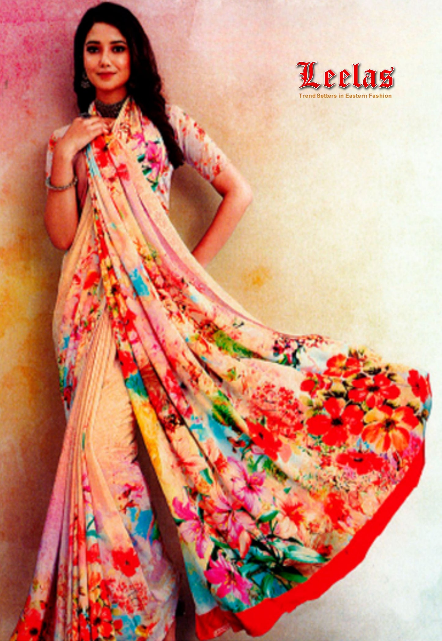 Light pink and light blue multi-coloured printed crepe silk  floral saree