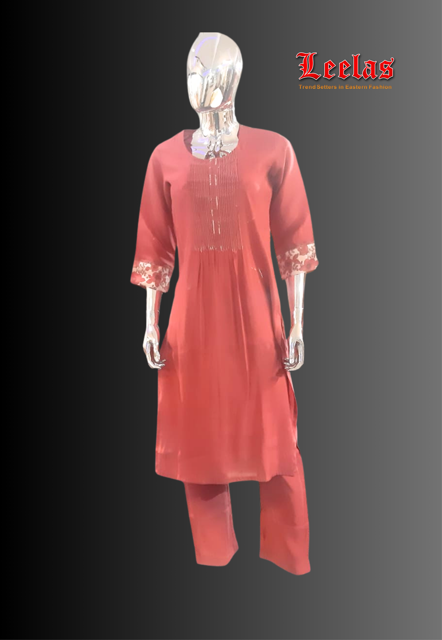 Rust cotton silk kurti set with floral detail on cuff