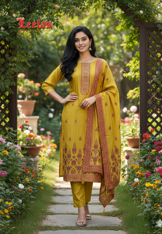 Mustard silk floral salwar kameez