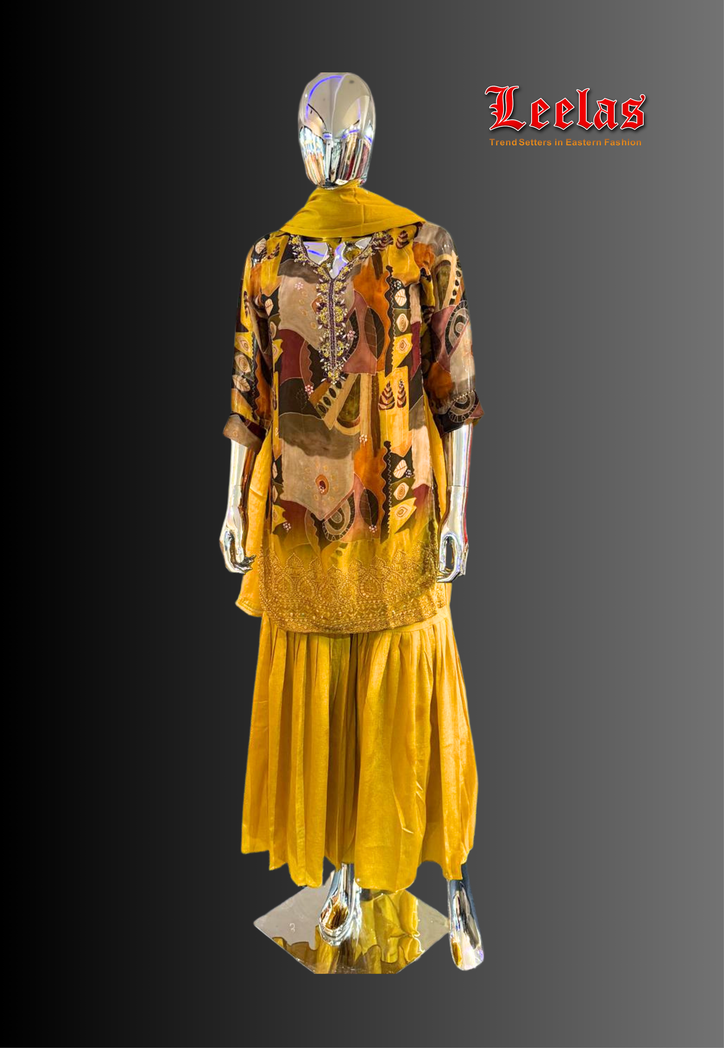 Mustard silk abstract print sharara