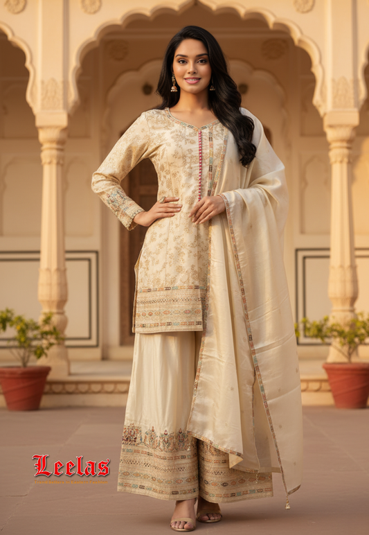 Cream and gold silk salwar kameez