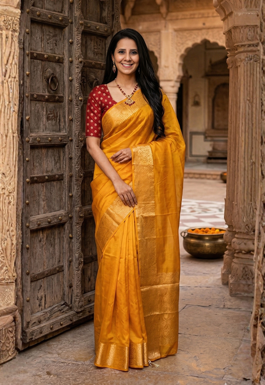 Yellow crepe silk saree with traditional gold zari border and contrasting red blouse piece
