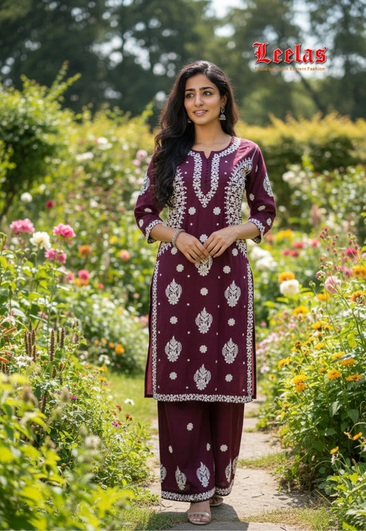 Deep plum cotton kurti set with white  embroidery
