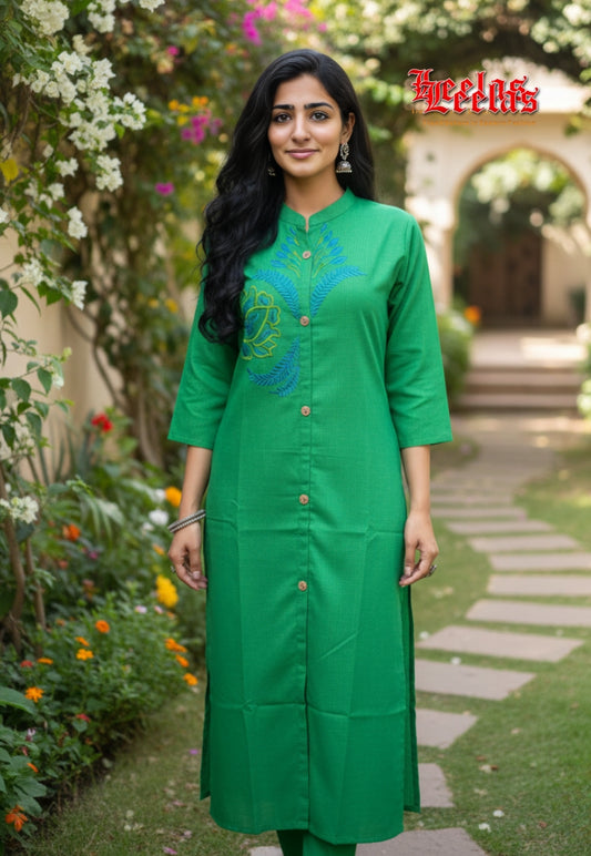 Long green cotton kurti top with embroidery