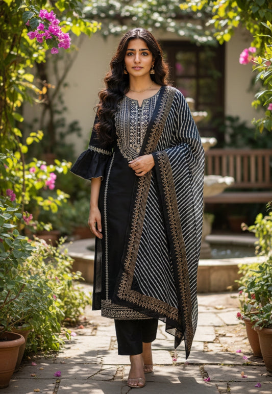 Black cotton silk salwar kameez with embroidery pattern