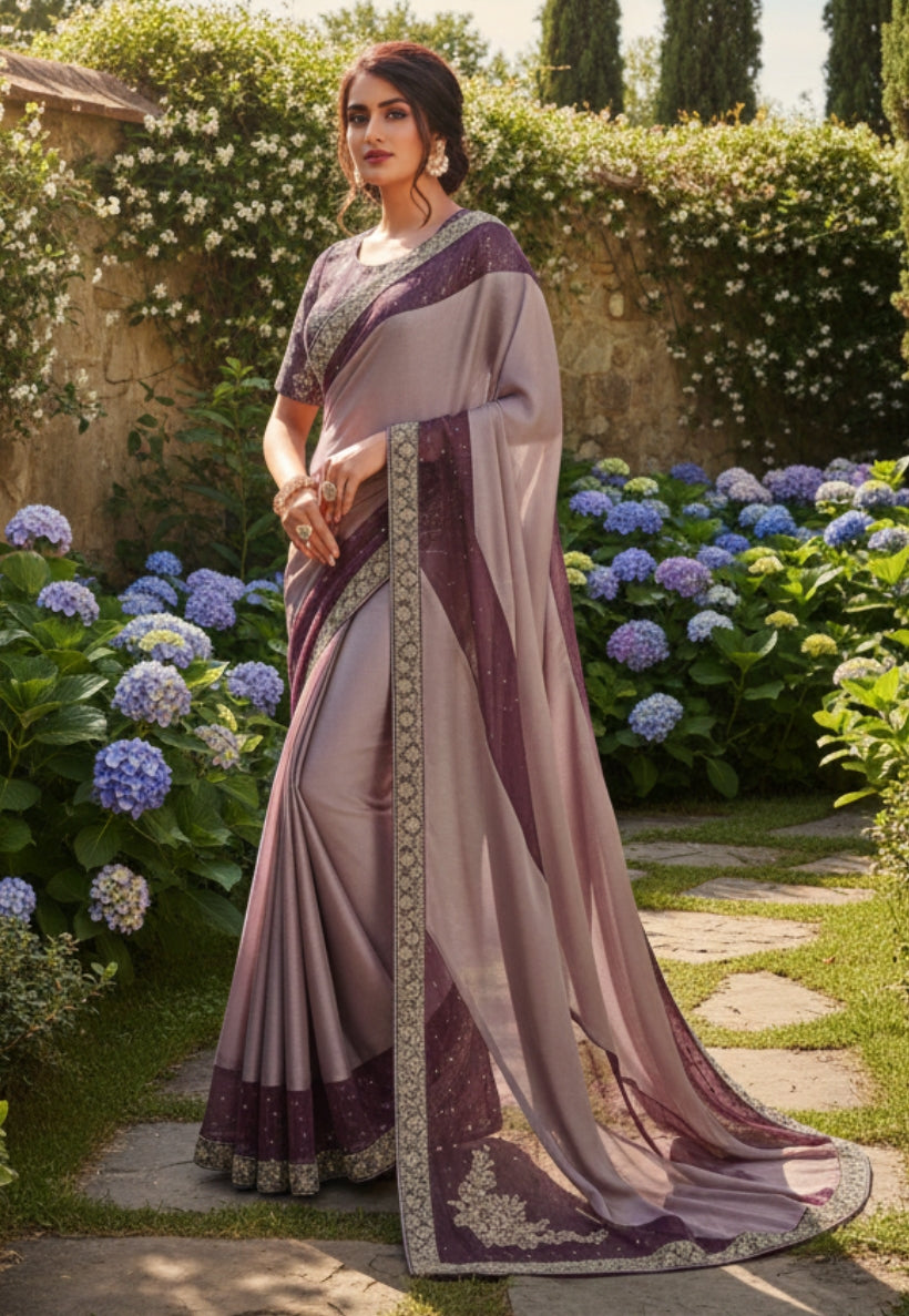 Lavender and grape crepe silk saree with net and cotton embroidery