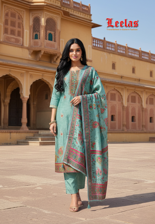 Teal embossed silk salwar kameez