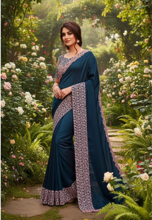 Prussian blue crepe silk saree