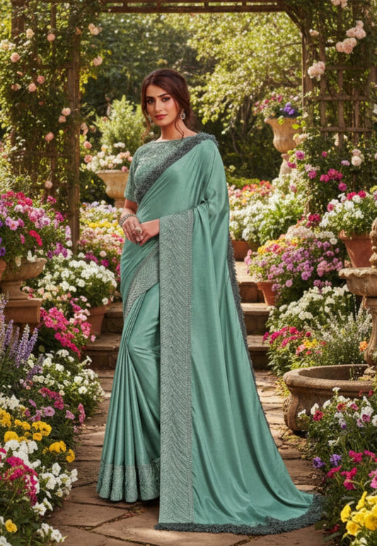 Sage green crepe silk saree with embroidery