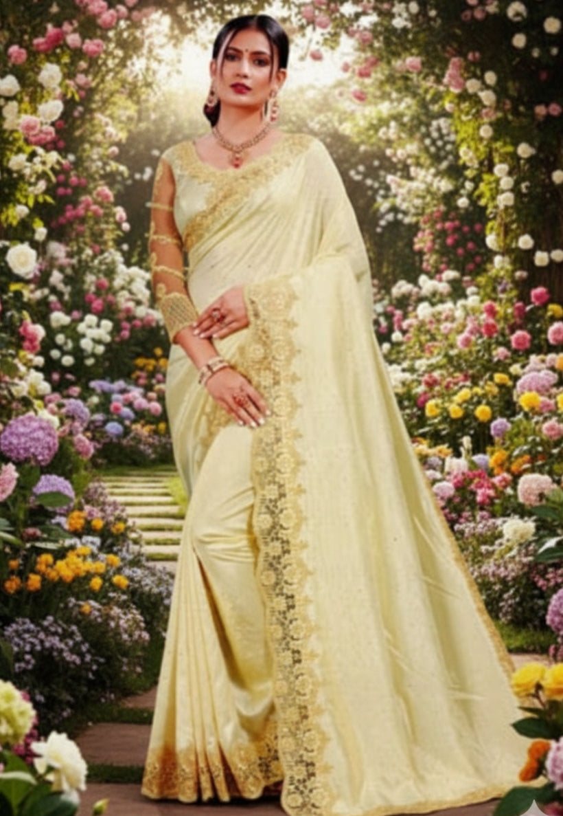 Light lemon crepe silk saree with embroidered border