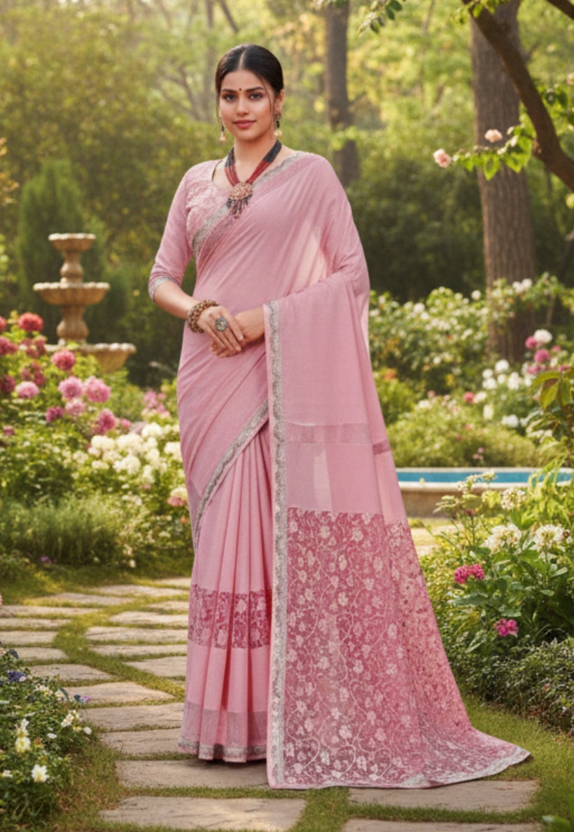 Baby pink georgette saree with embroidery and sequins