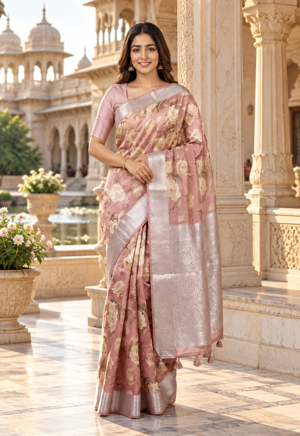 Floral dusty pink organza silk saree with silver zari work