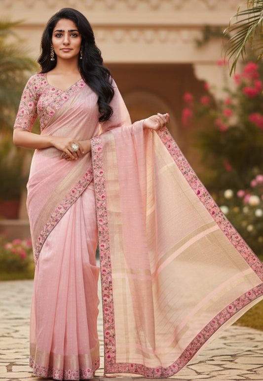Light pink cotton silk saree with zari work and  gottapatti border with sequins