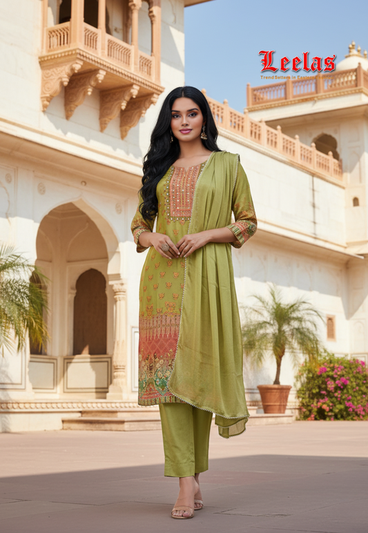 Olive green and orange silk salwar kameez