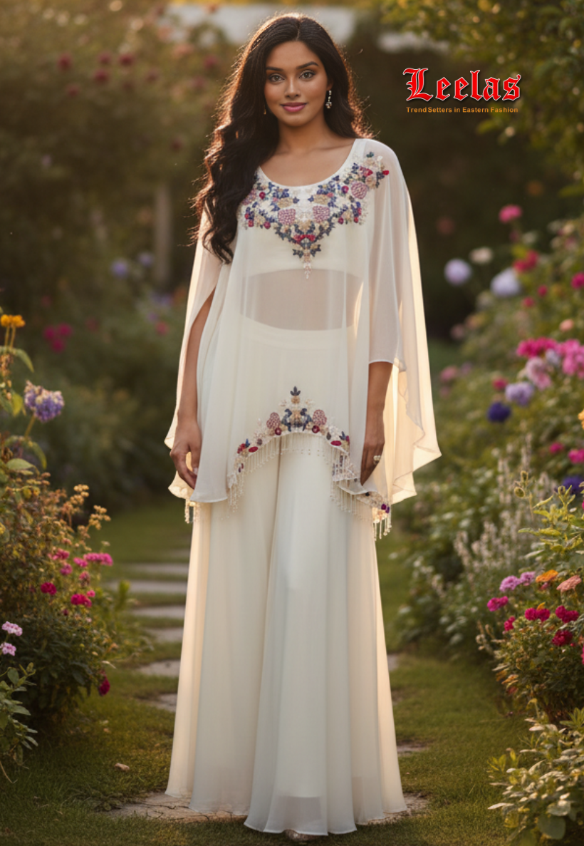 Cream silk indo western outfit with full multi-colour  embroidery and plain silk ready made blouse , poncho cream jacket with embroidery and plain cream silk pallazzo pants
