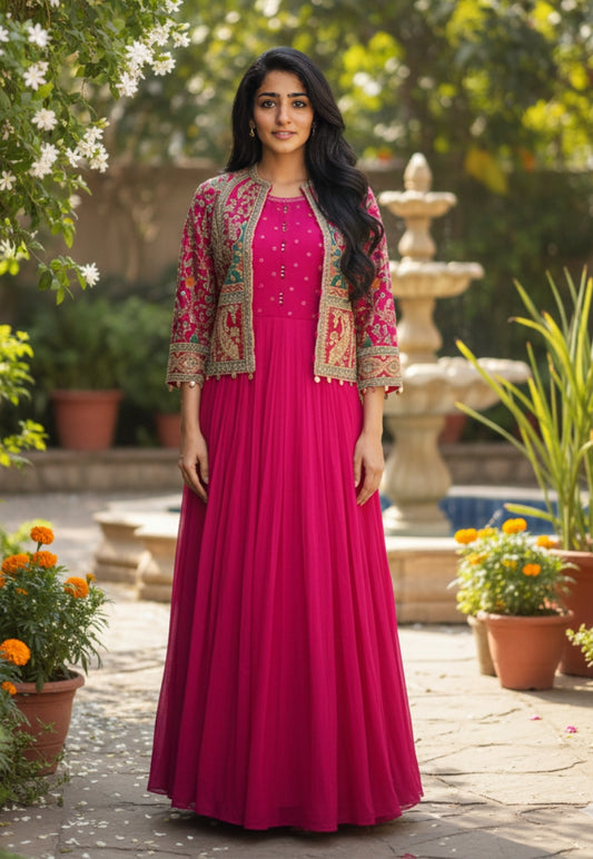 Cerise pink long gown with gold embroidery and stonework Chinese collar jacket
