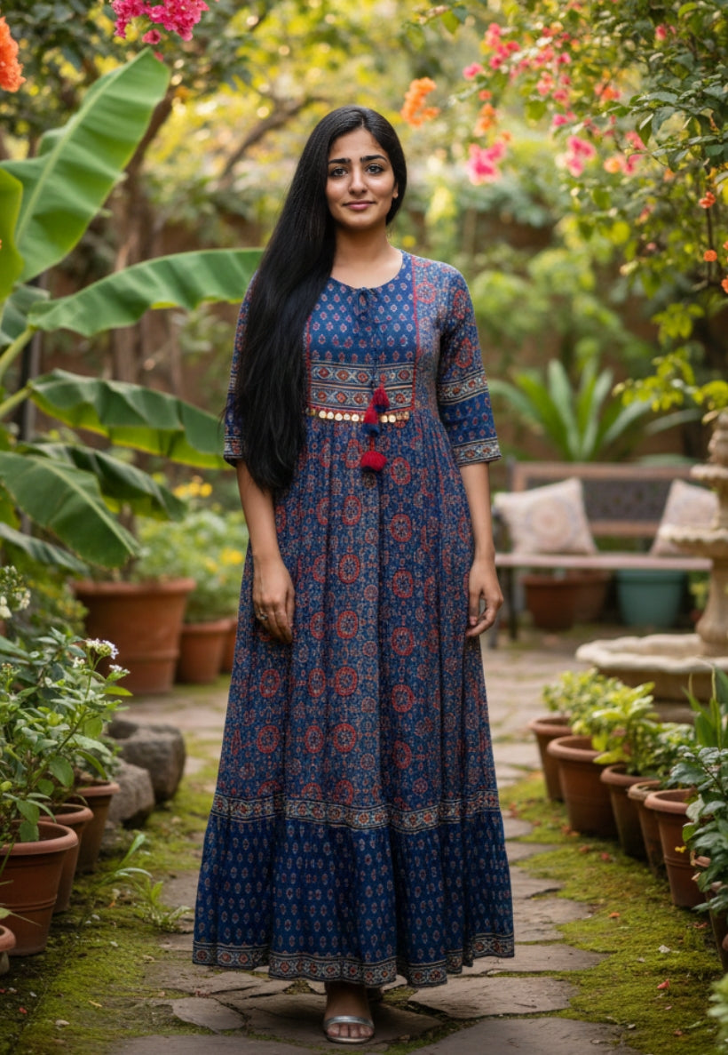Long navy cotton patterned dress