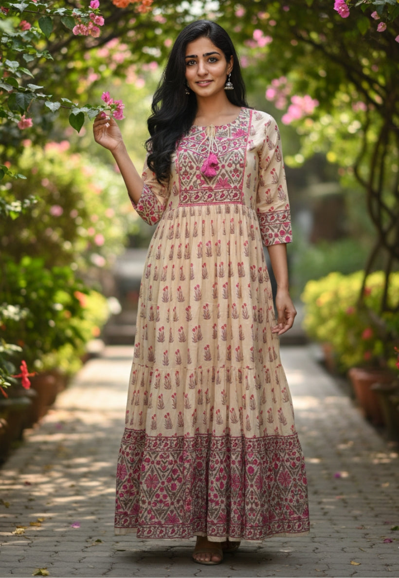 Long cream cotton dress with floral print