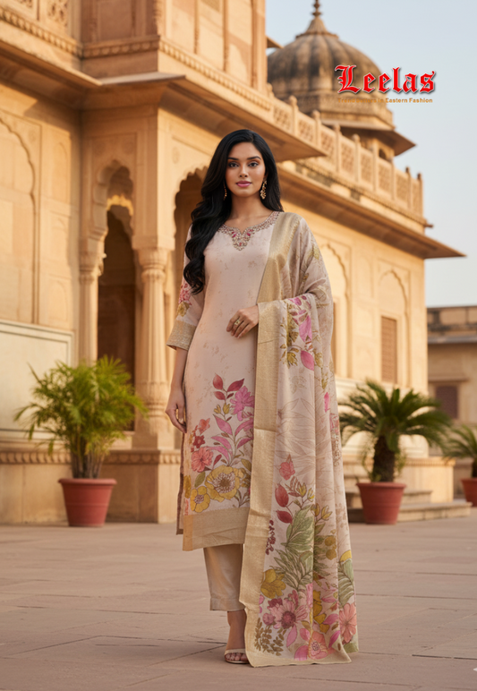 Beige and gold floral silk salwar kameez