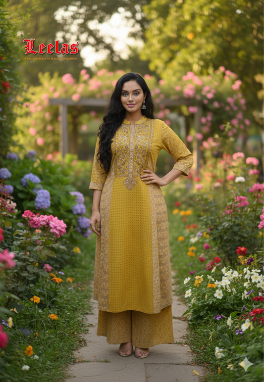 Mustard and brown printed Chinese silk kurti set