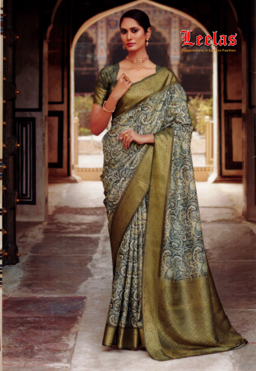 Olive green paisley printed  silk saree with gold border