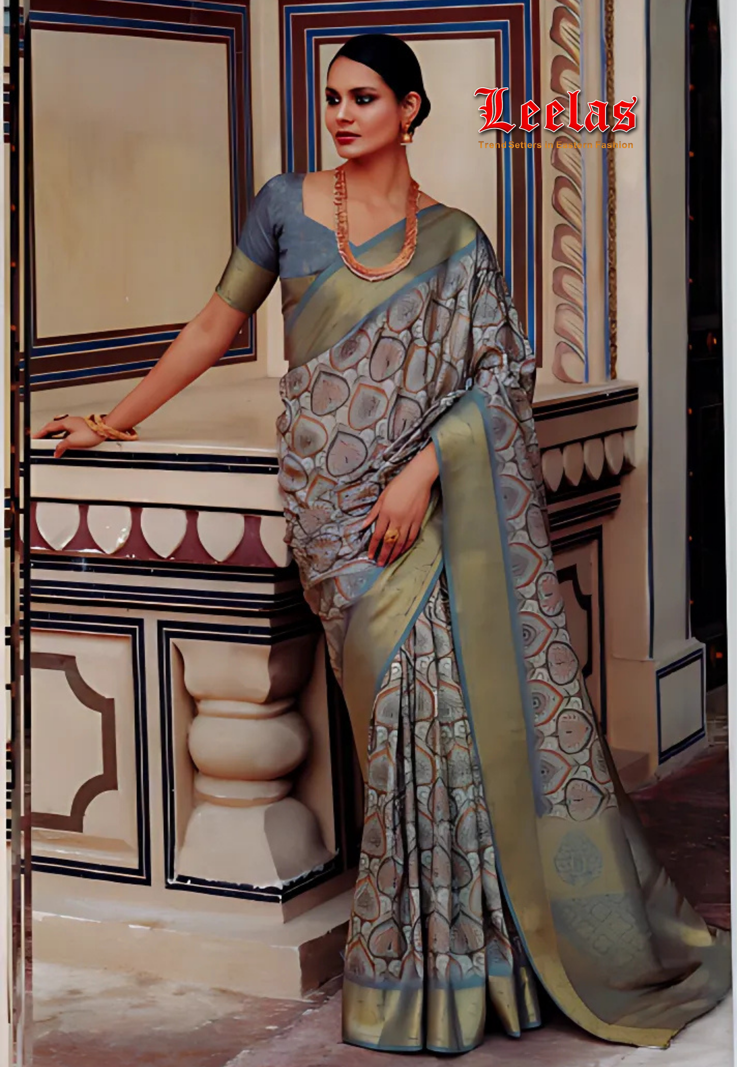 Printed silk saree with grey and gold border