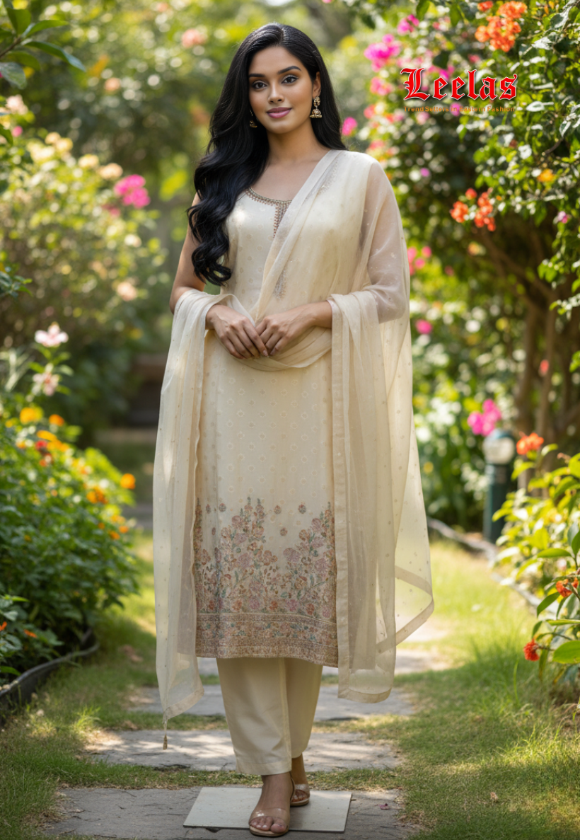Cream cotton silk salwar kameez