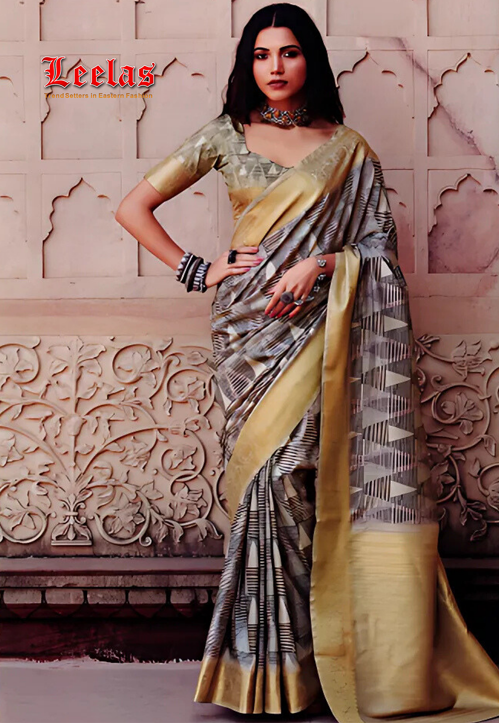 Black and beige silk saree with gold border
