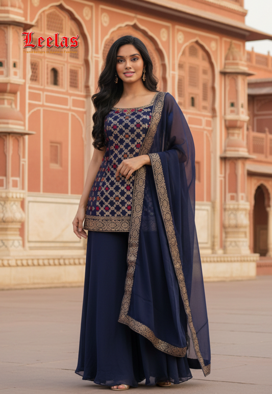 Navy and gold embossed silk salwar kameez
