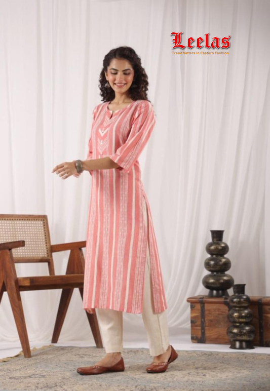 Tomato pink and cream cotton kurti with cotton cream pants