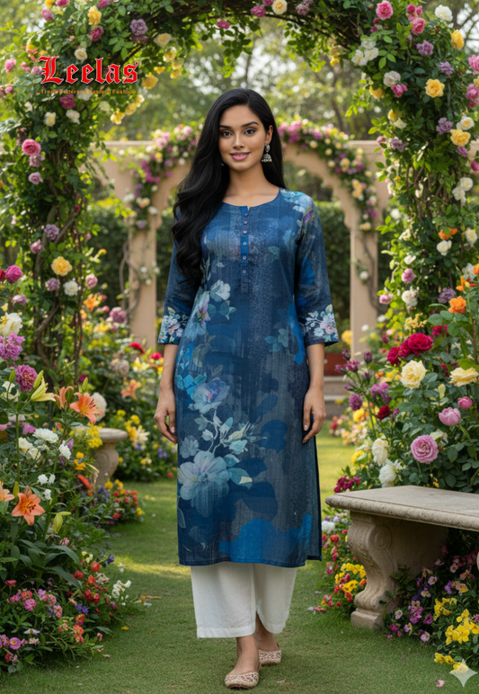Navy blue floral printed silk kurti