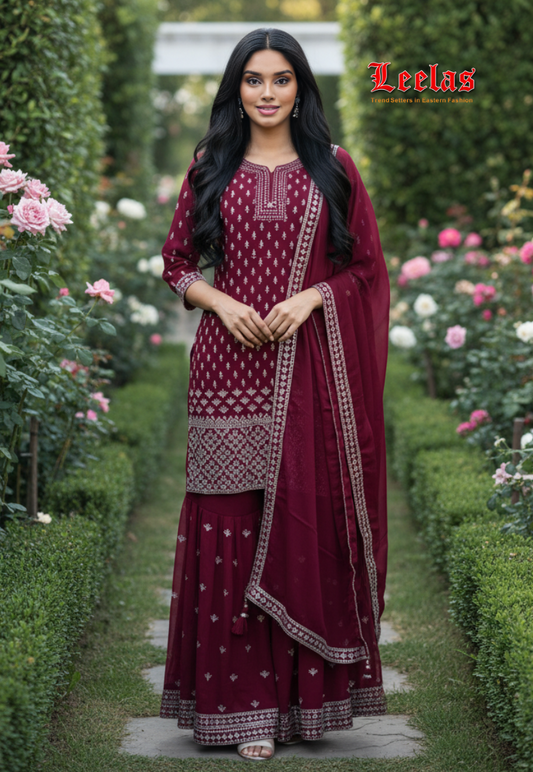 Maroon Silk Sharara with Gold Embroidery
