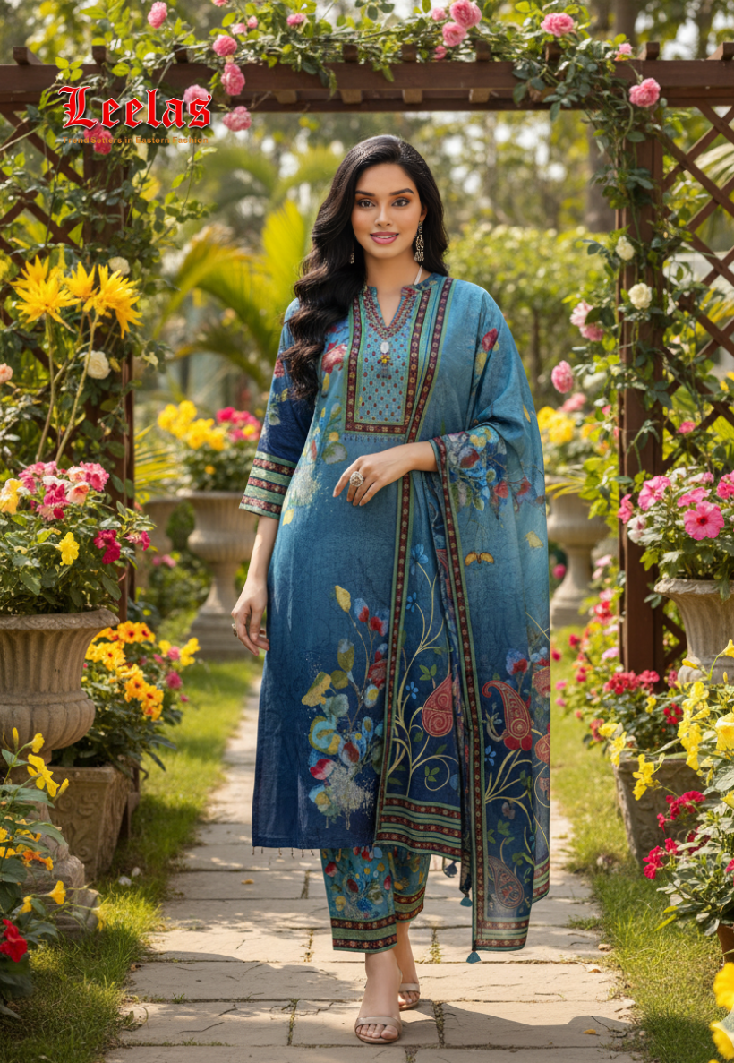 Grey and blue silk printed salwar kameez