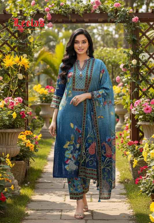 Grey and blue silk printed salwar kameez