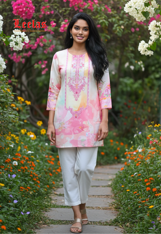 Cream and yellow floral silk kurti