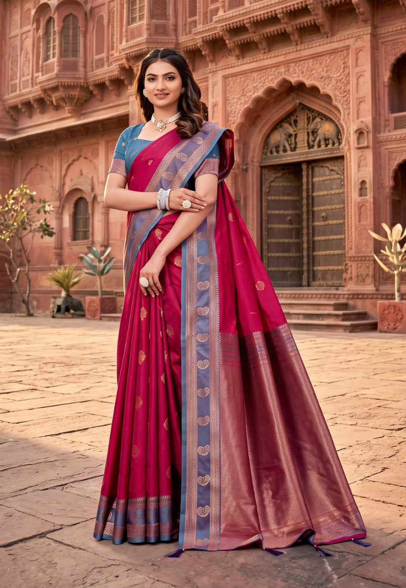 Magenta and teal art silk saree featuring  gold zari work with matching blouse piece  unstitched