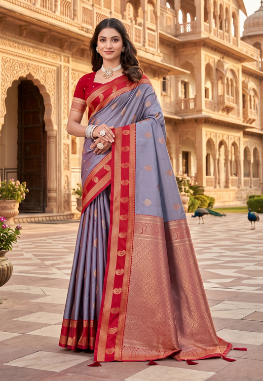 Greyish blue and deep red art silk saree featuring  gold zari work with matching blouse piece  unstitched