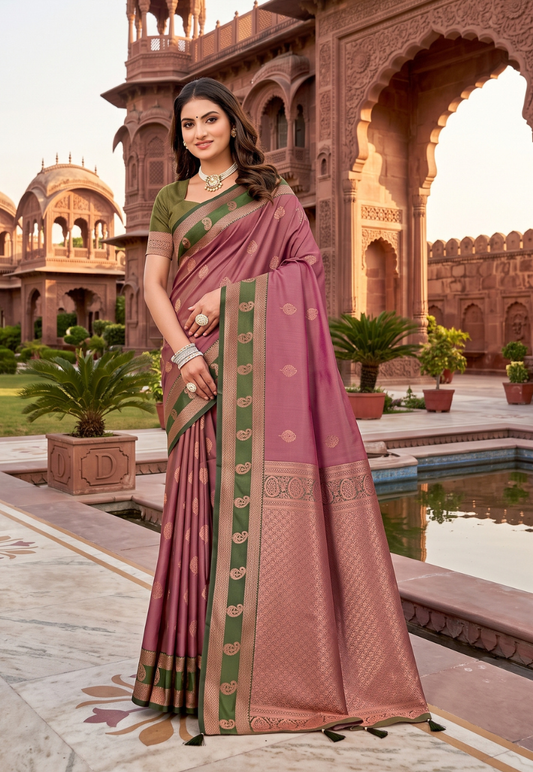 Mauve and mehendi green art silk saree featuring  gold zari work with matching blouse piece  unstitched